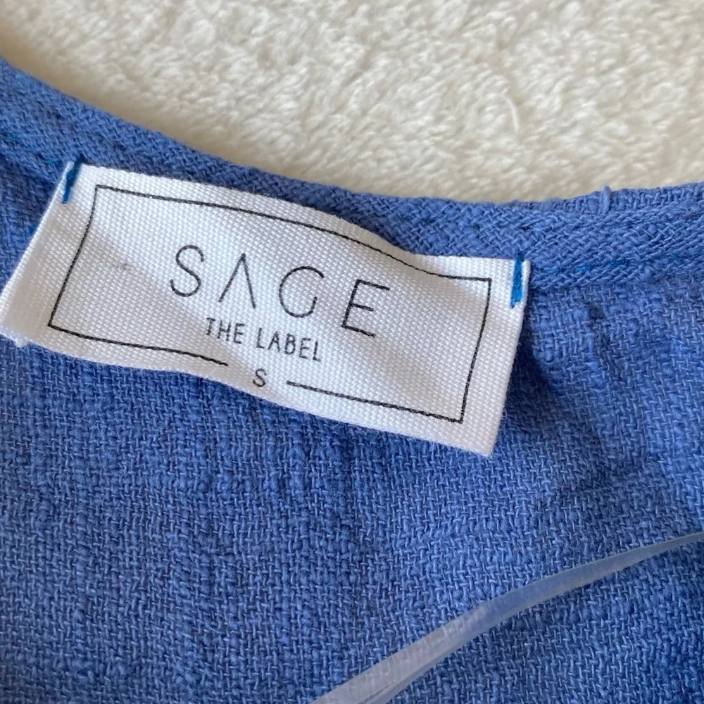SAGE the Label Blue Halter Mini Dress White Ric Rac Trim Keyhole Neck Small - Picture 7 of 12